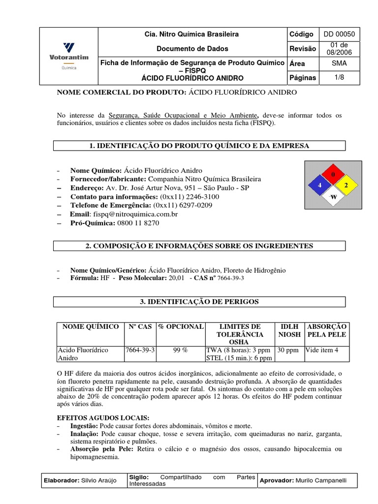FISPQ do Ácido Fluorídrico Anidro | PDF | Queimadura | Primeiros socorros