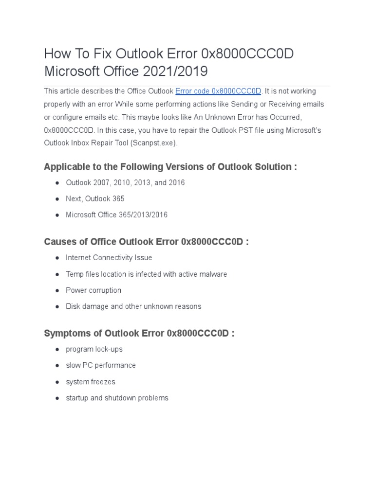 Fix Outlook Error 0x8000CCC0D Guide | PDF | Business
