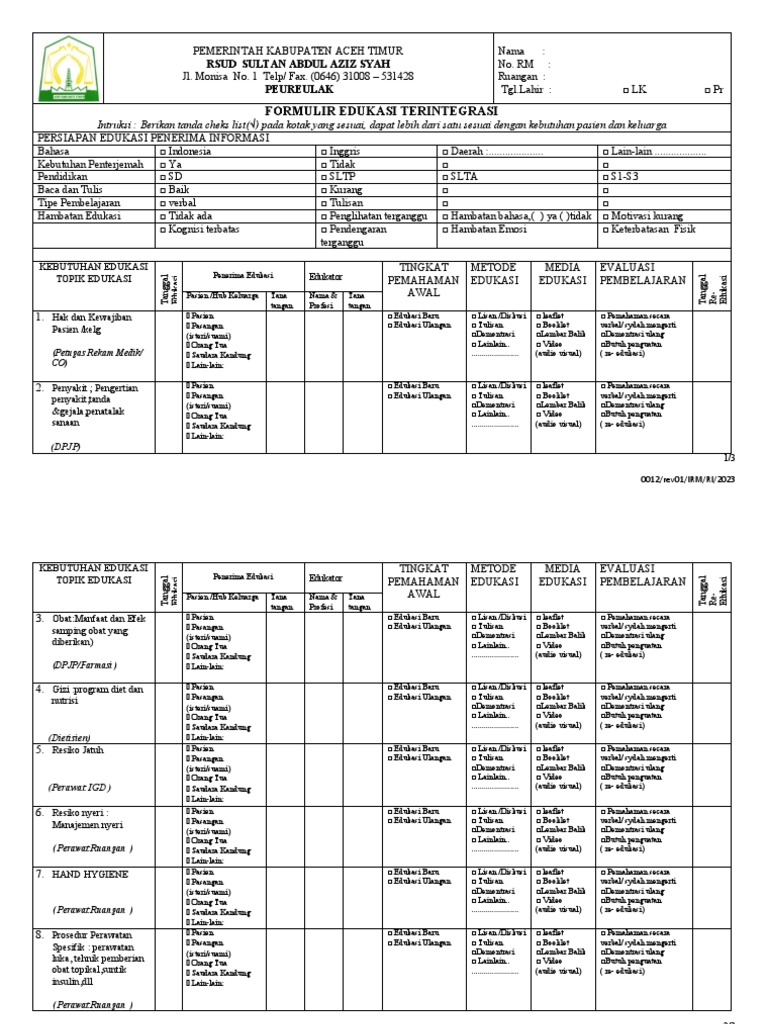 RM 13 Formulir Edukasi Terintegrasi | PDF