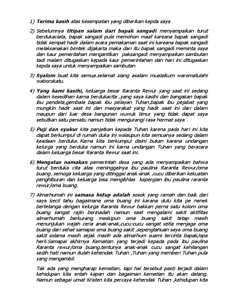 Contoh Kata Sambutan Penghiburan Duka Cita Kristen | PDF