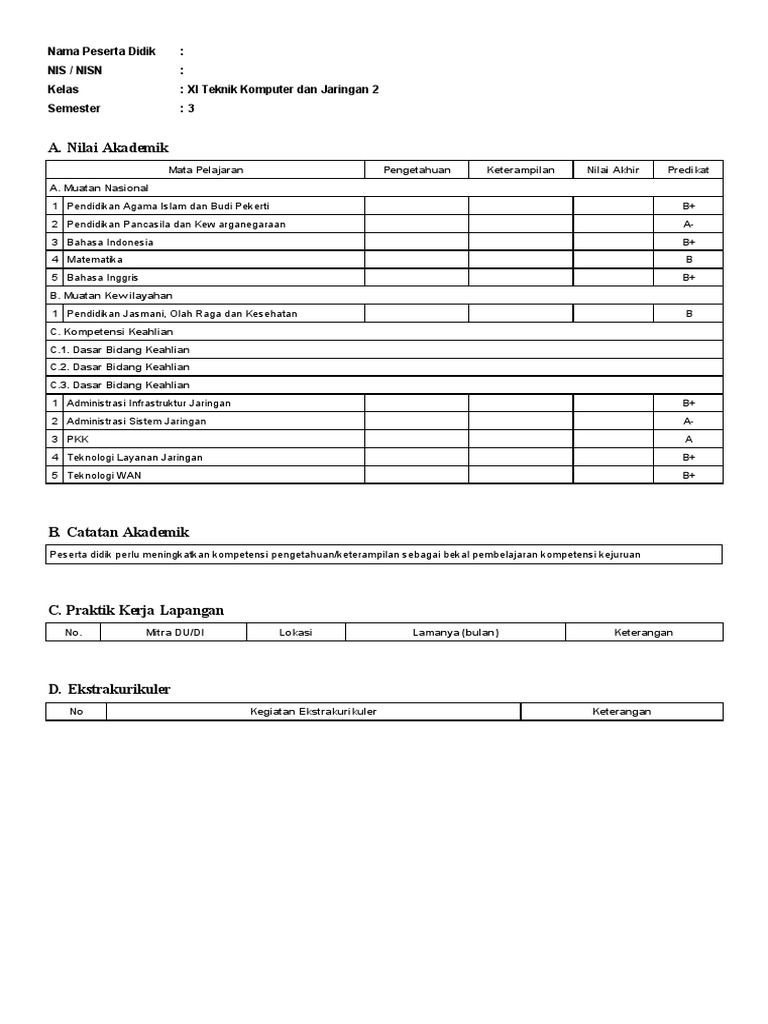 A nilai akademik nama peserta didik nis nisn kelas xi teknik