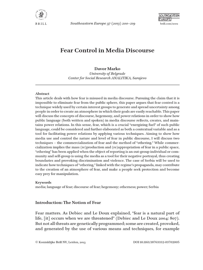 Media's Role in Fear Control | PDF | Discourse | Slobodan Milošević