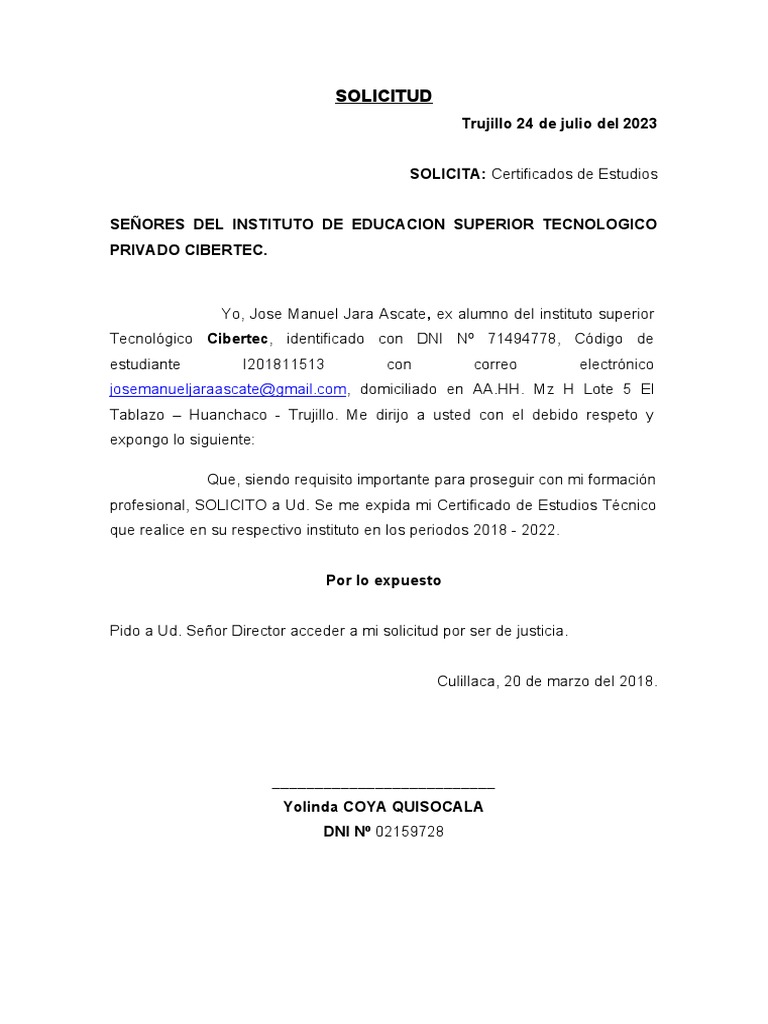 Solicitud Certificado de Estudios | PDF