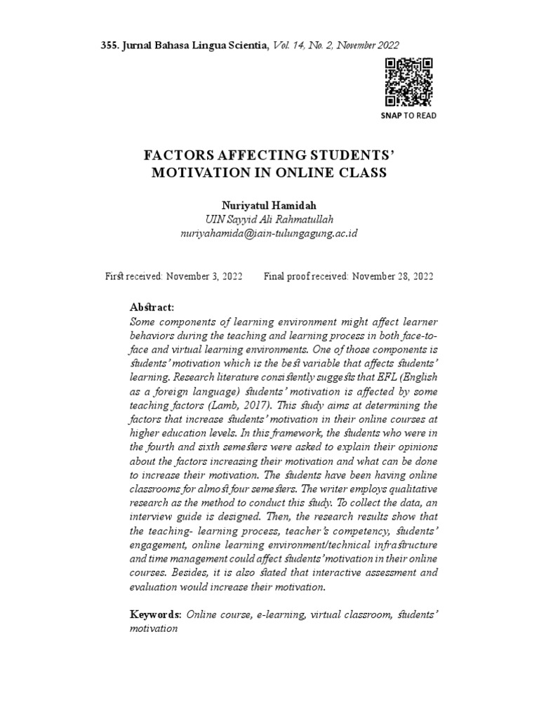 Factors Influencing Online Class Motivation | PDF