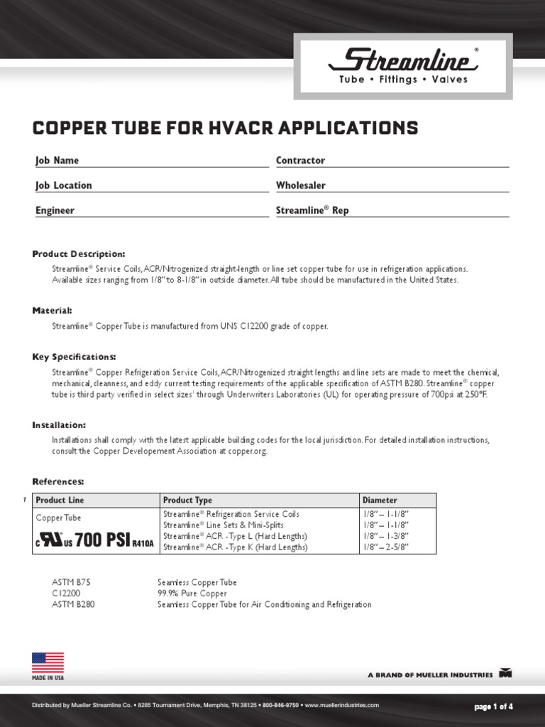 Streamline Copper Tube HVACR Submittal Sheet 1596838 | PDF | Pipe ...
