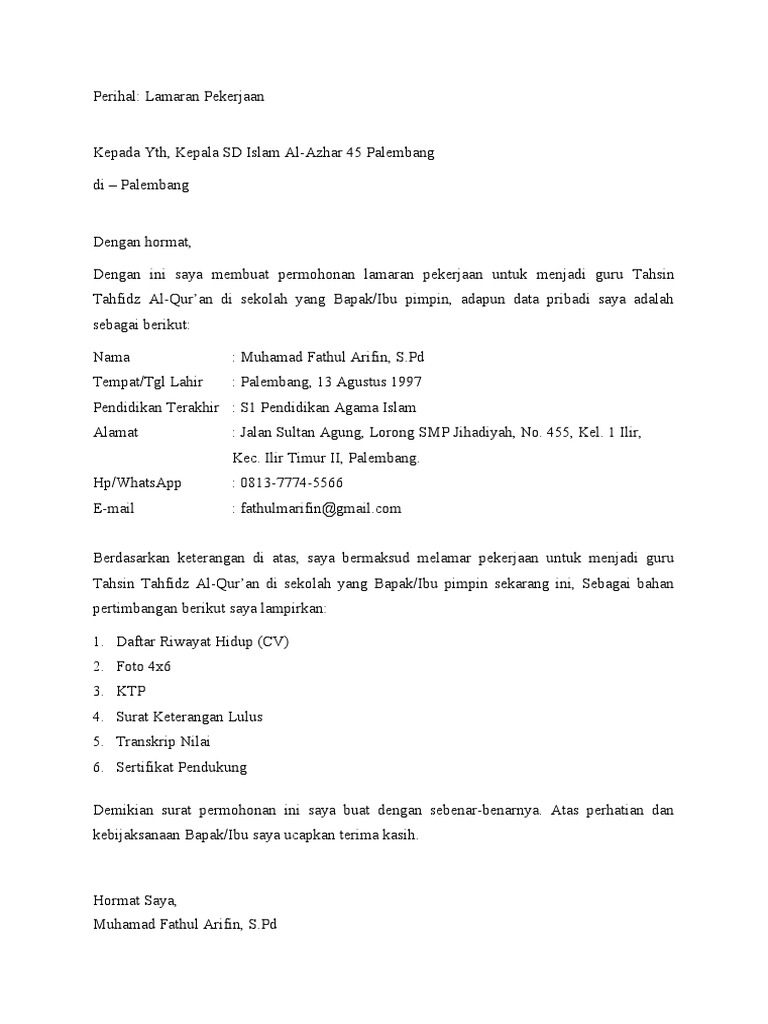 Lamaran Guru Tahfidz di Al-Azhar 45 | PDF | Pengembangan Diri ...