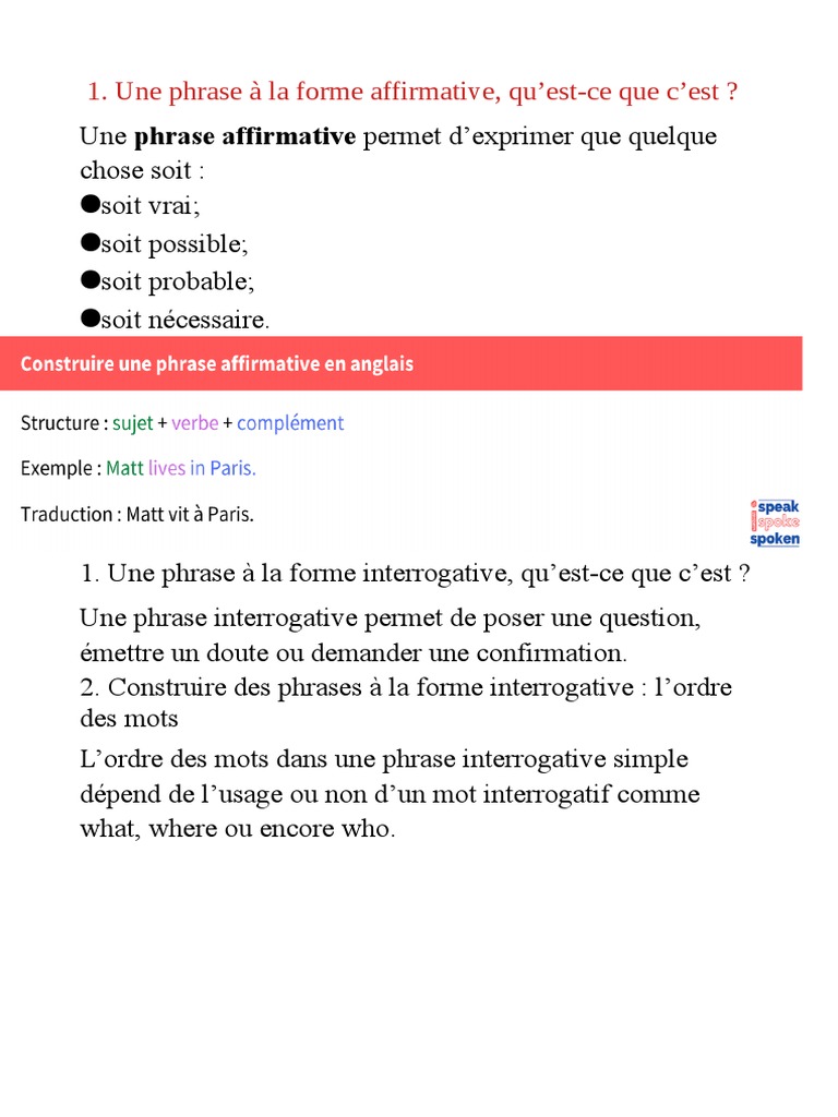 C est Quoi Une Phrase Affirmative Comment Former Une Phrase | PDF