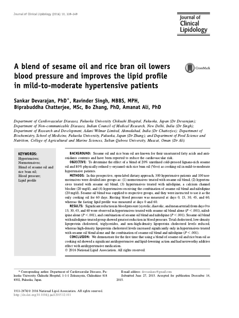 Blend of Sesame Oil and Rice Bran Oil Lower Blood Pressure PDF