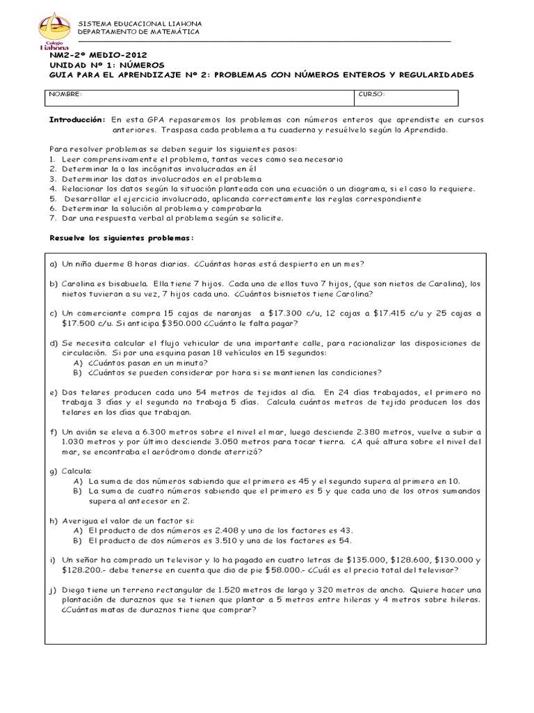 Mat nm2 u1 gpa 2 problemas con n meros enteros y
