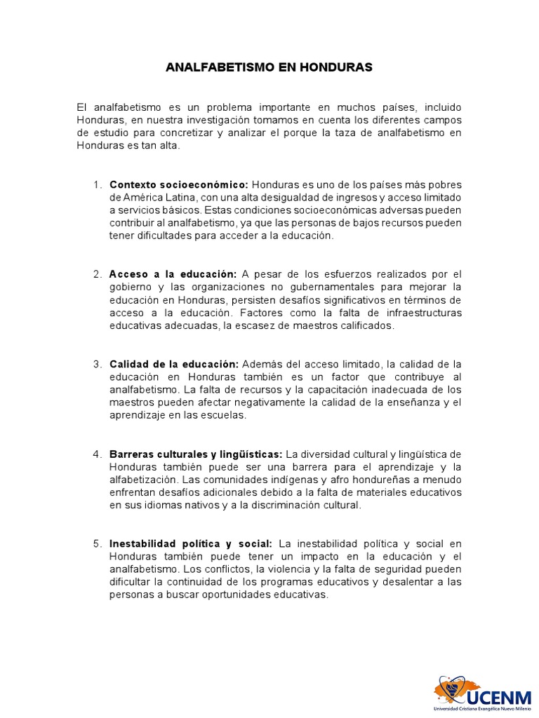 Analfabetismo En Honduras Pdf Literatura Honduras