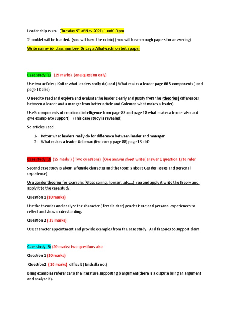 Leadership Exam Guide: Case Studies & Theories | PDF | Career & Growth ...