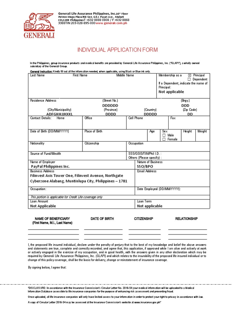 Generali Life Insurance Application Form | PDF | Insurance | Life Insurance