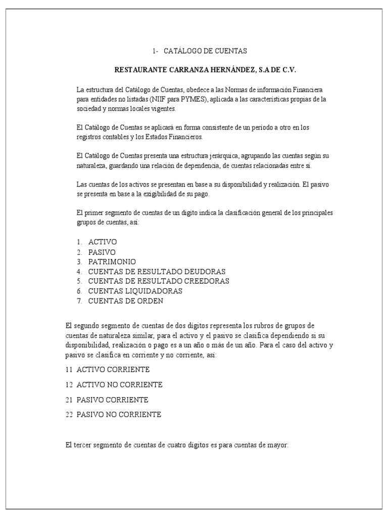 CATALOGO DE CUENTAS RESTAURANTE (1) | PDF | Impuesto al valor agregado ...
