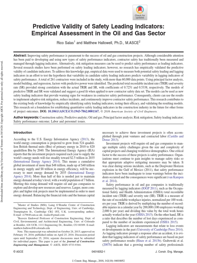 Predictive Validity of Safety Leading Indicators (ASCE) CO.1943-7862. ...