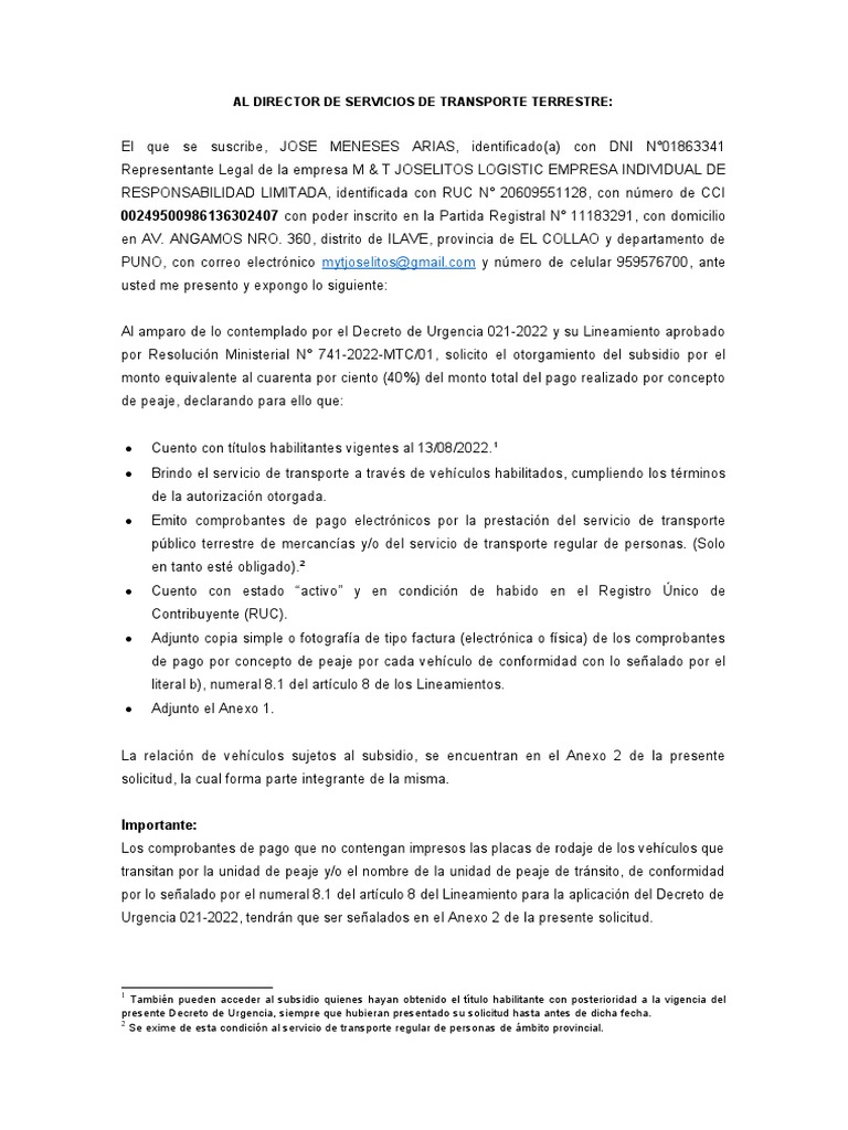 Solicitud de Subsidio por Peaje MTC | PDF