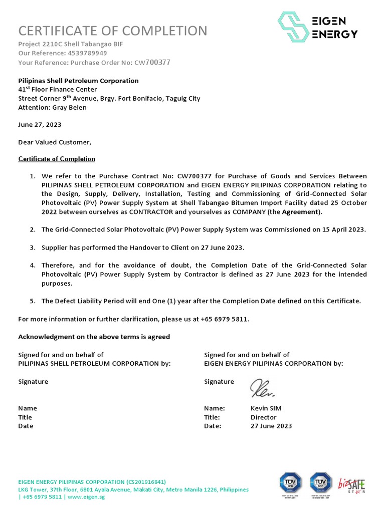 Shell Tabangao Completion Certificate | PDF