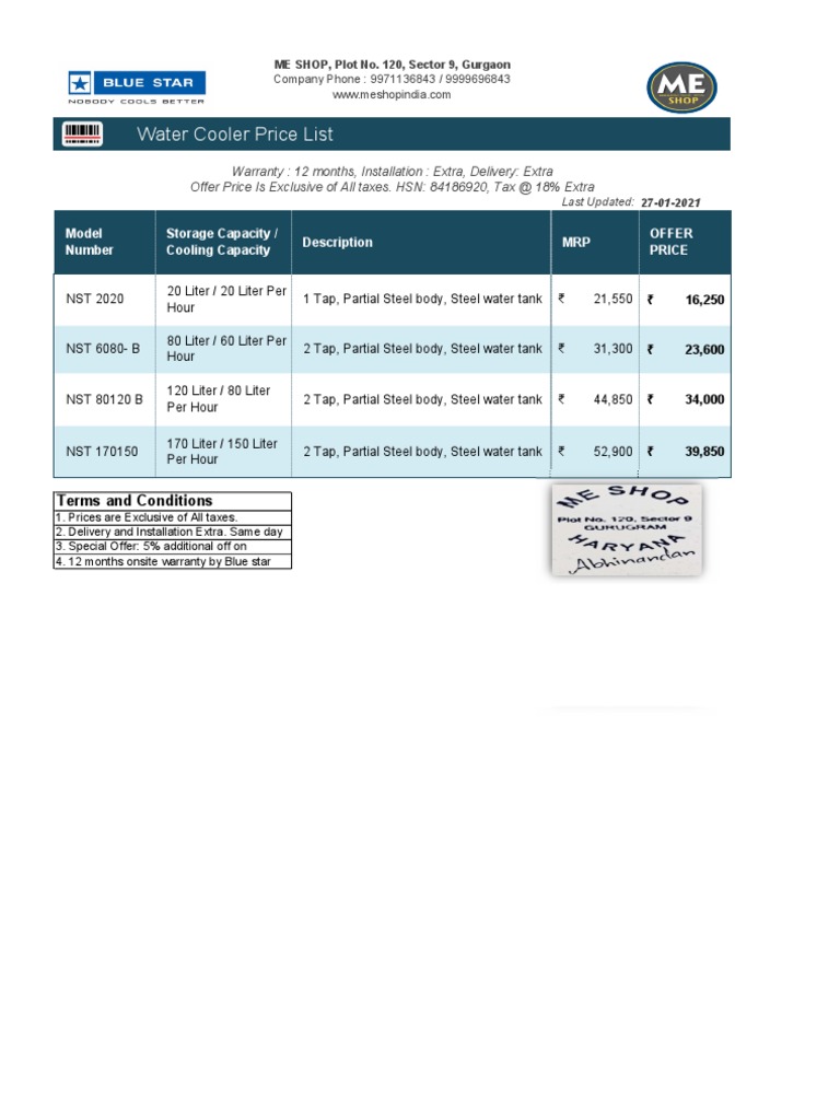 Blue Star Water Cooler Price List | PDF | Technology & Engineering