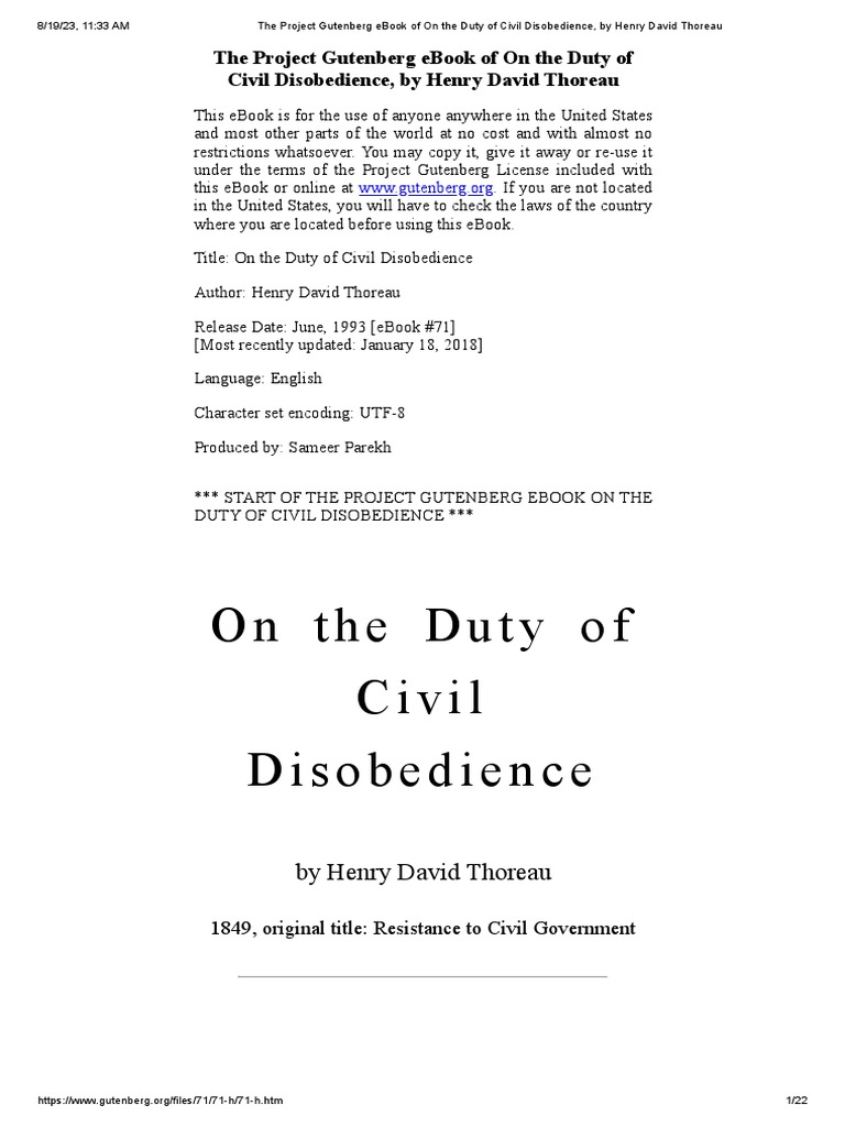 The Project Gutenberg On The Duty of Civil Disobedience, by Henry David Thoreau PDF