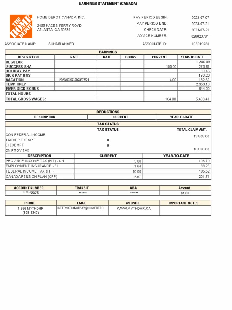 Homedepot Paystub | PDF