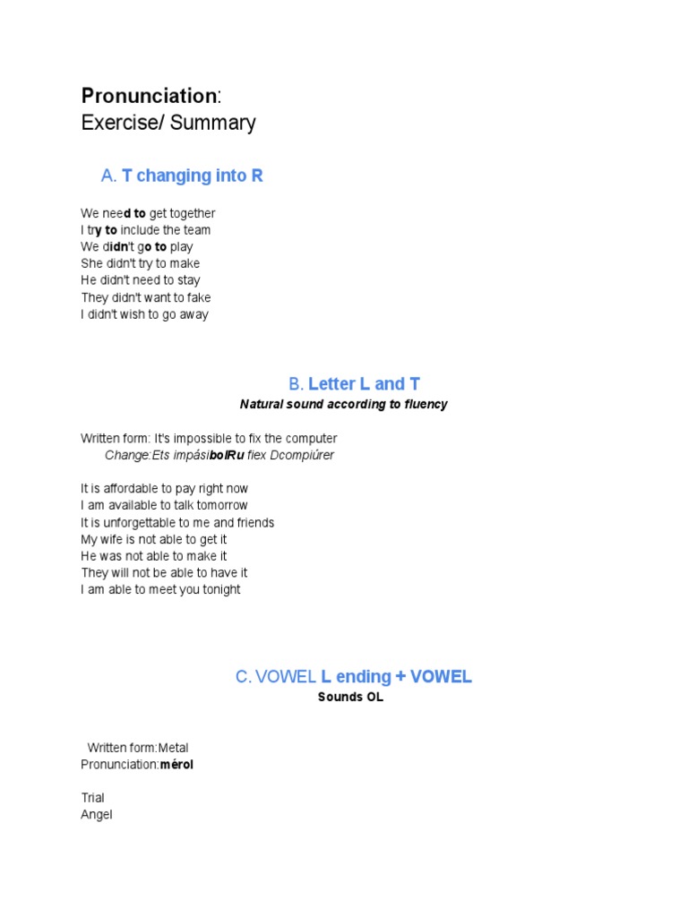 Pronunciation LT, R, O, I, T & Ed PDF Linguistics Human Voice