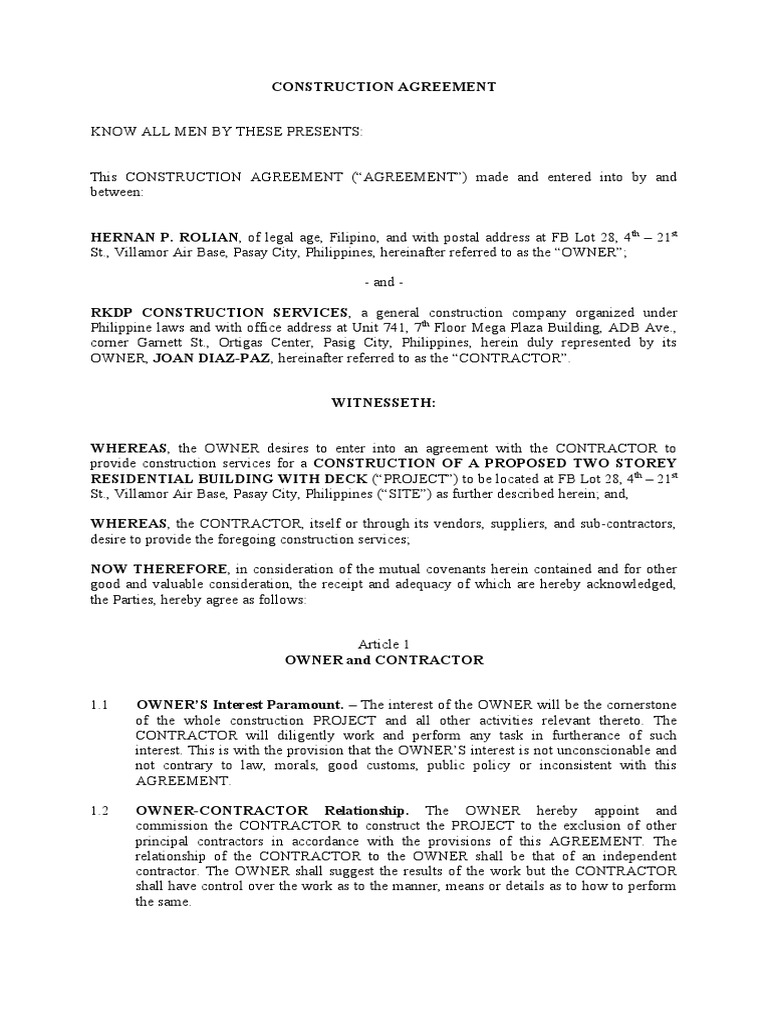 Construction Agreement for Residential Building | PDF | Home & Garden ...