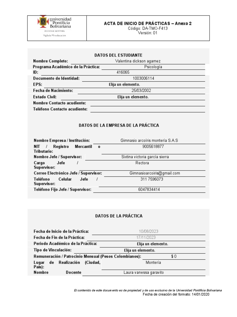 Acta de Inicio de Prácticas en Psicología | PDF | Crecimiento personal ...