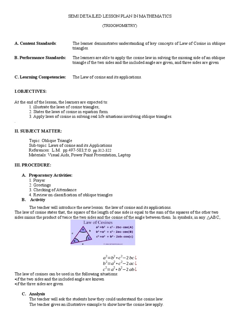 SEMI DETAILED LESSON PLAN IN MATHEMATICS Law of Cosine PDF Triangle