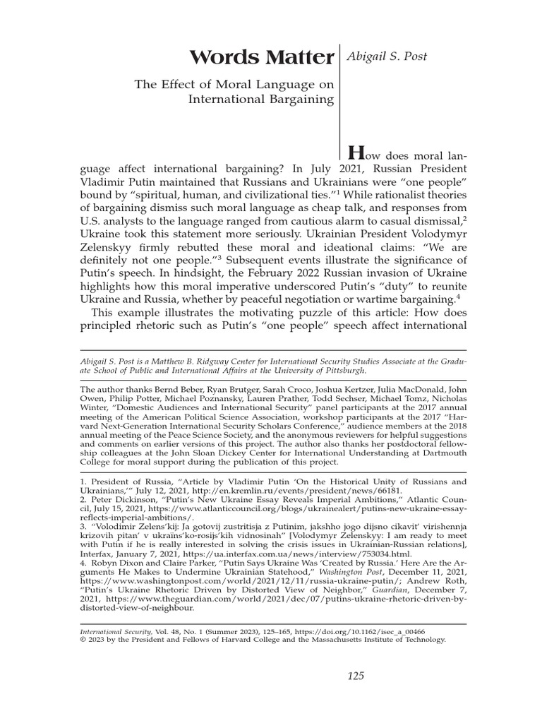 Words Matter The Effect of Moral Language On International Bargaining by Abigail S. Post PDF