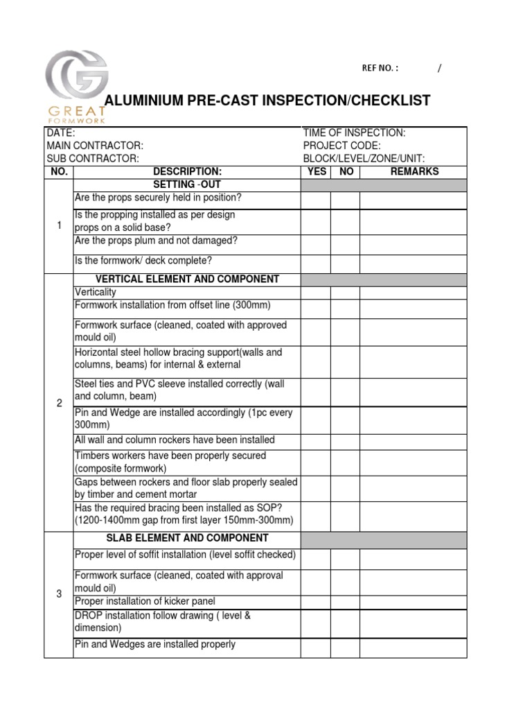 Aluminium Pre-Cast Inspection Checklist | PDF | Precast Concrete | Wall