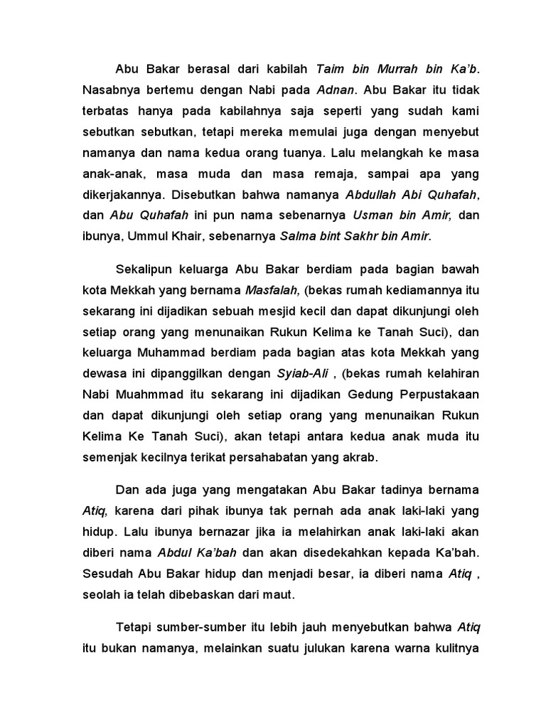 Abu Bakar berasal dari kabilah Taim bin Murrah bin Ka PDF