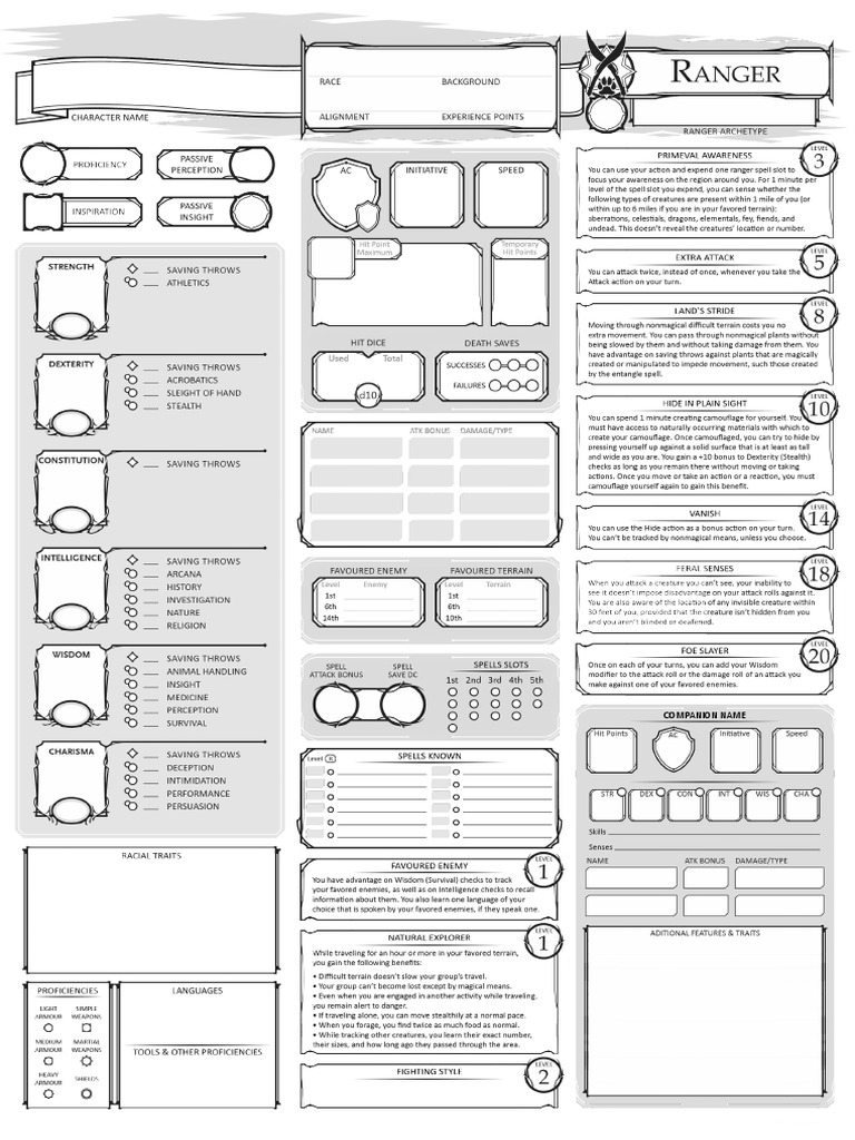 Class Character Sheet - Ranger-BM V1.1 - Fillable | PDF