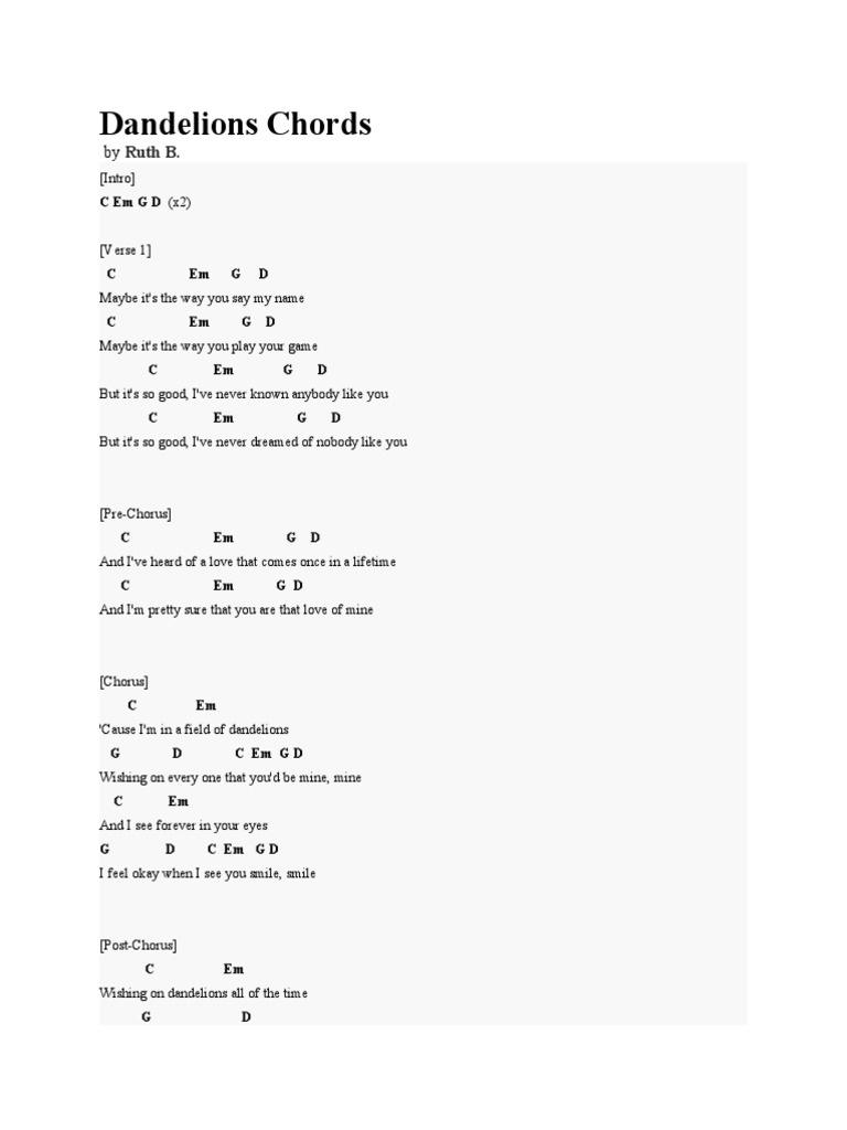 Dandelions Chords PDF Song Structure Vocal Music