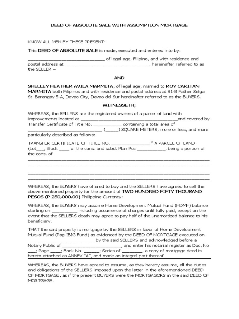 Deed of Absolute Sale With Assumption Mortgage PDF