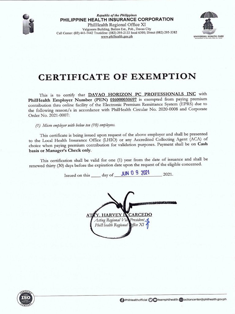 Certificate of Exemption Philhealth PDF