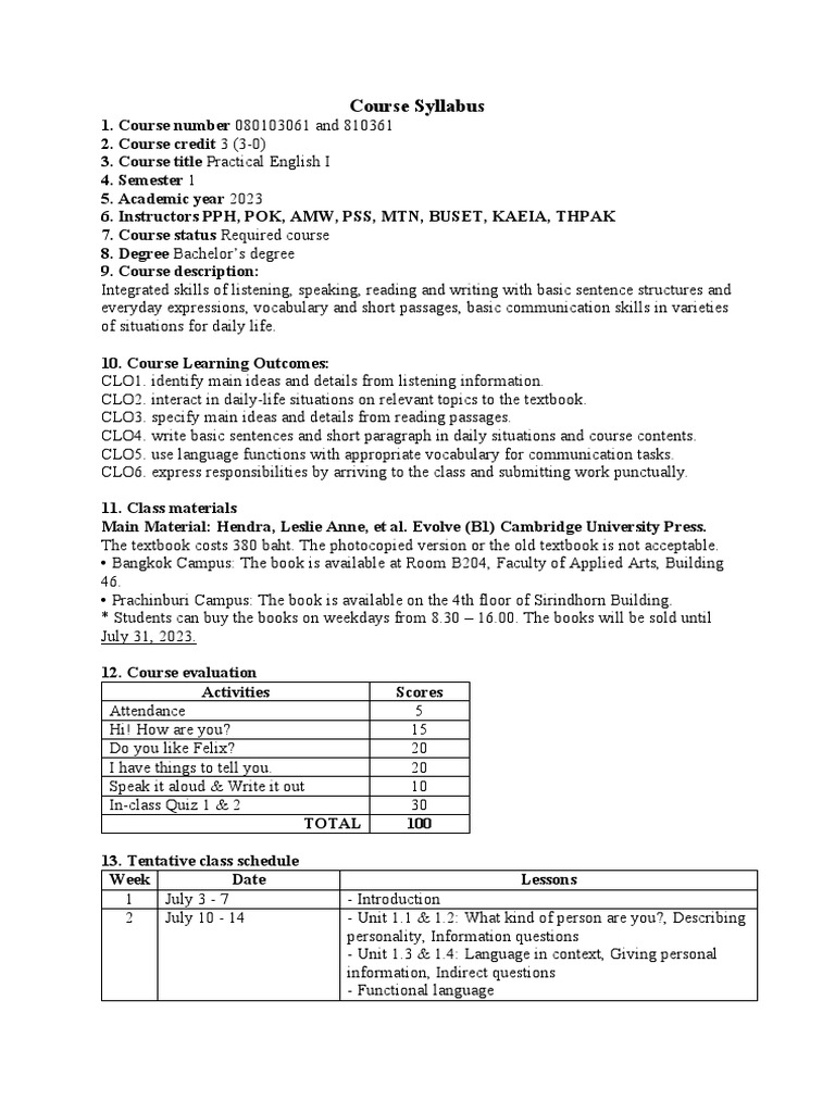 (Student) Course Syllabus - Practical English 1 - 2023 | PDF | Human ...
