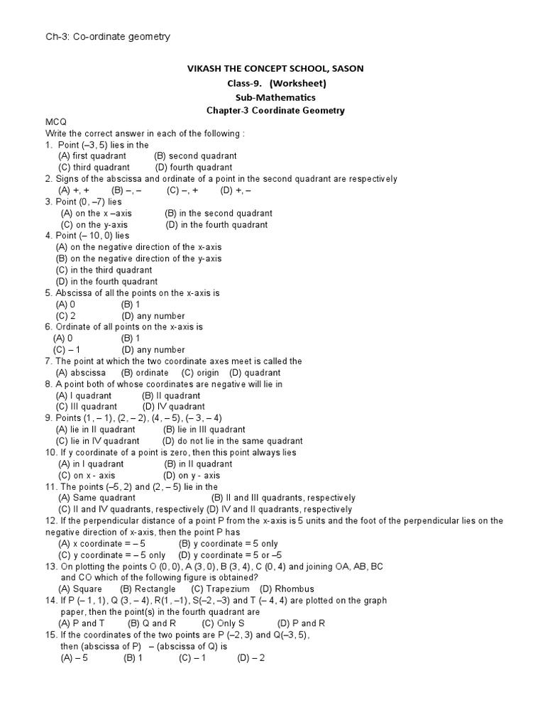 Class 9 Coordinate Geometry Worksheet | PDF | Cartesian Coordinate ...