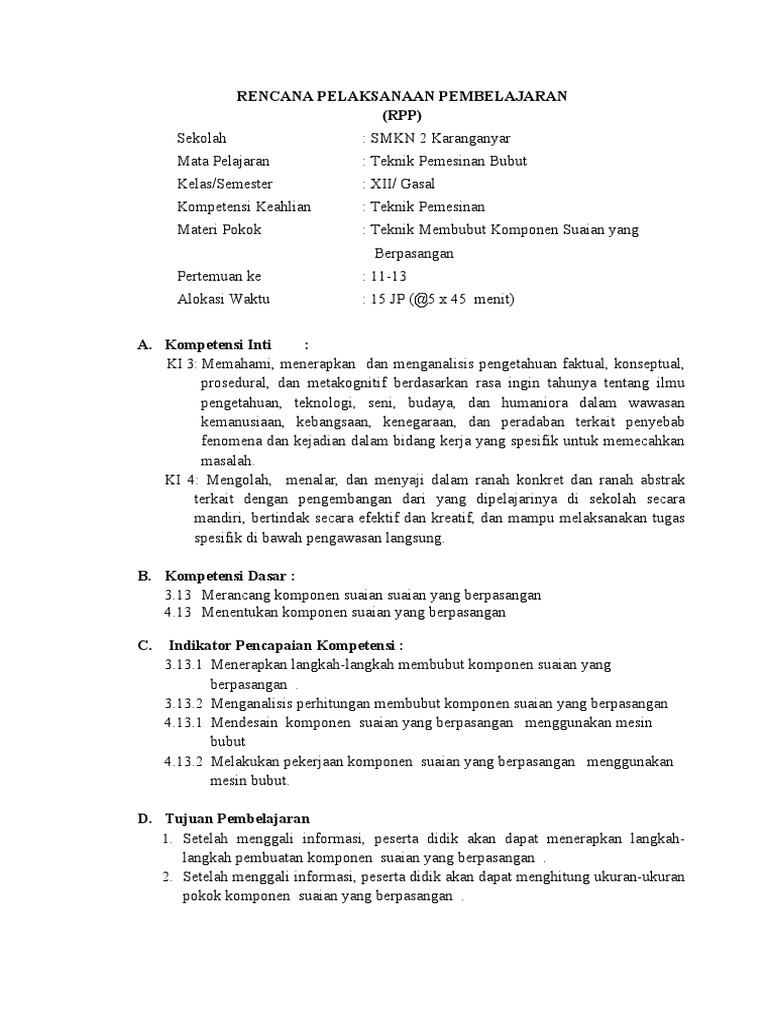RPP KD3.13 - 4.13 - Teknik Pemesinan Bubut Xii | PDF