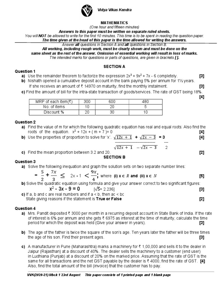 Mathematics Exam Paper with Solutions | PDF