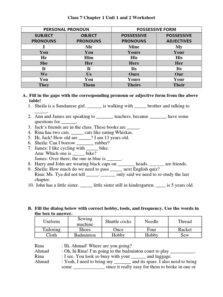 Class 7 Pronouns and Hobbies Worksheet | PDF | Linguistics | Linguistic ...