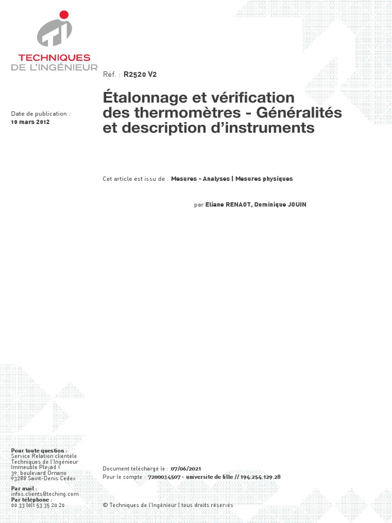Étalonnage Et Vérification Des Thermomètres - Généralités Et ...