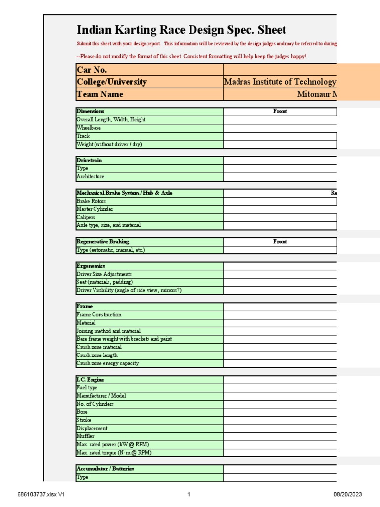 Indian Karting Race Spec Sheet | PDF | Brake | Capacitor