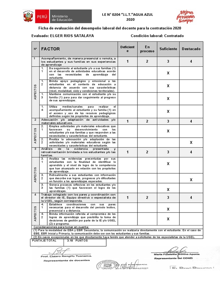 Ficha de Evaluacion Del Desempeño Docente para La Contratacion 2023 | PDF