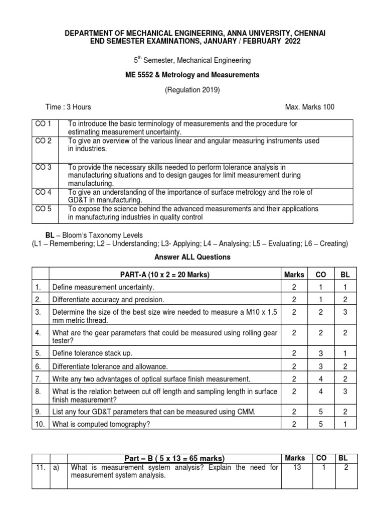 Metrology and Measurements Exam Paper | PDF