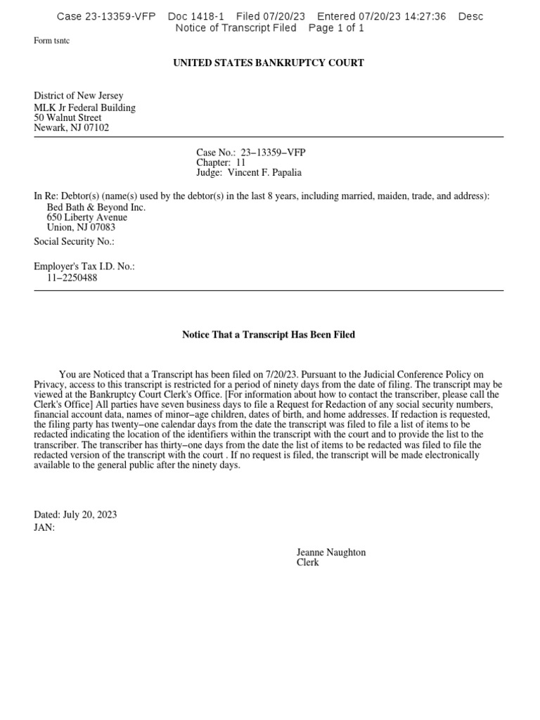United States Bankruptcy Court: Form TSNTC | PDF