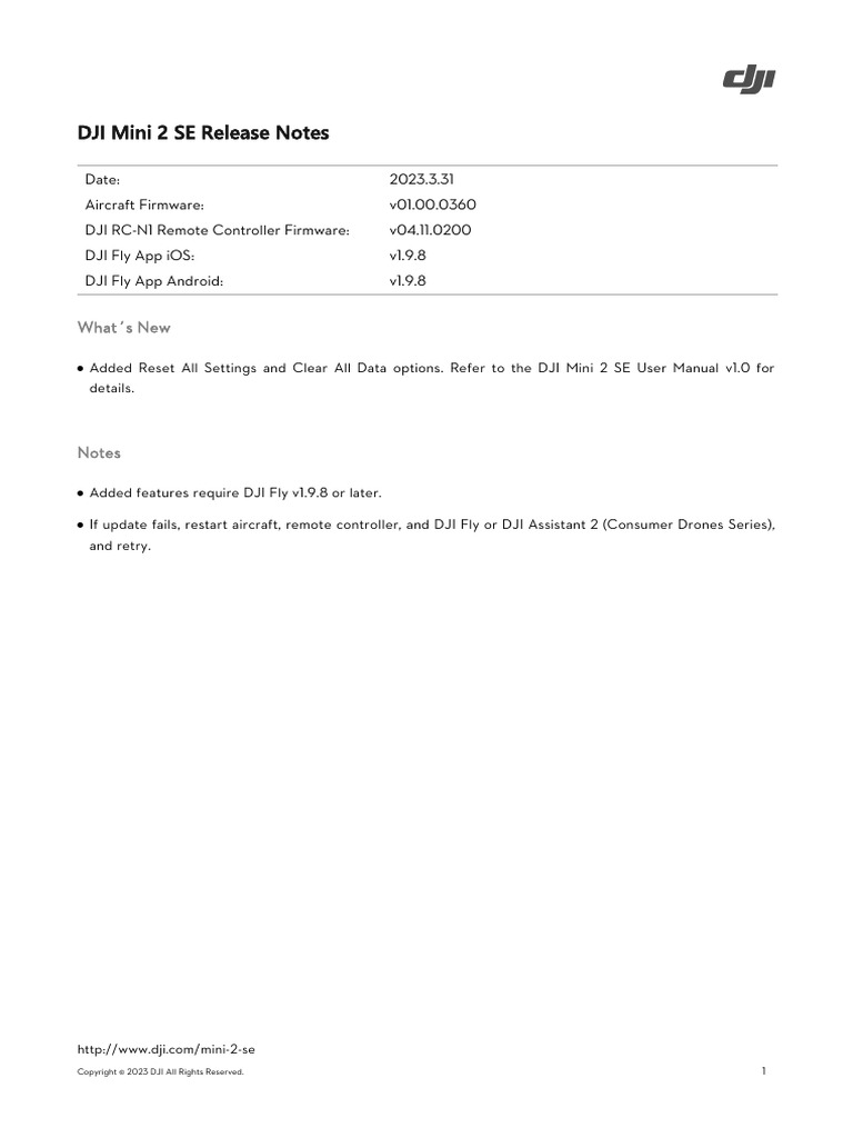DJI Mini 2 SE Release Notes EN 20230331 | PDF