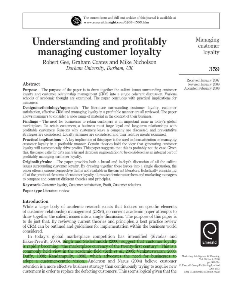 2008 Understanding and Profitably Managing Customer Loyalty | PDF ...