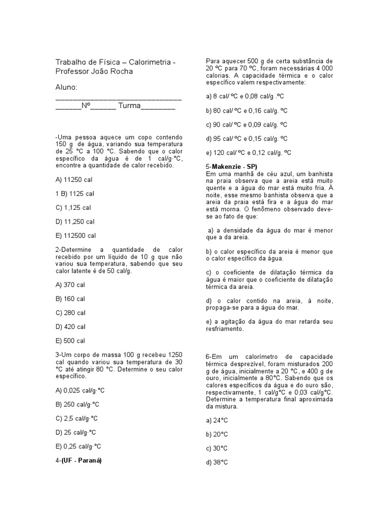 Exercícios de Calorimetria e Termologia | PDF | Calor | Calor latente