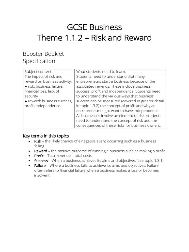 1 1 2 Risk And Reward Pdf Risk Profit Economics