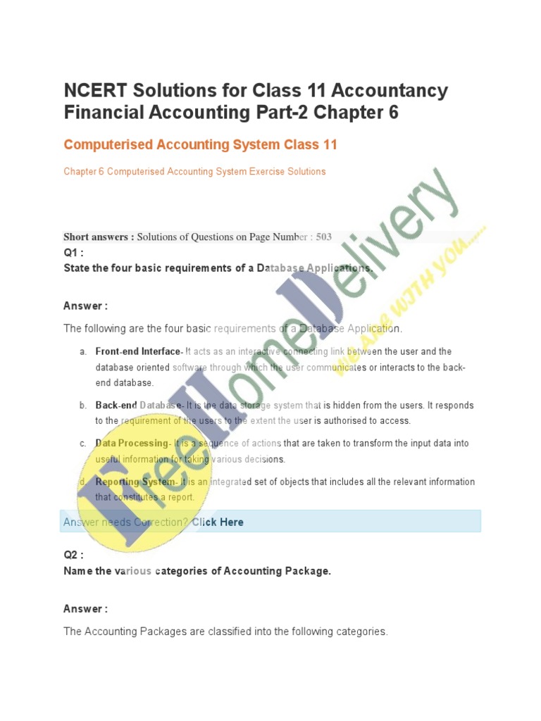 NCERT Solutions For Class 11 Accountancy Financial Accounting Part2