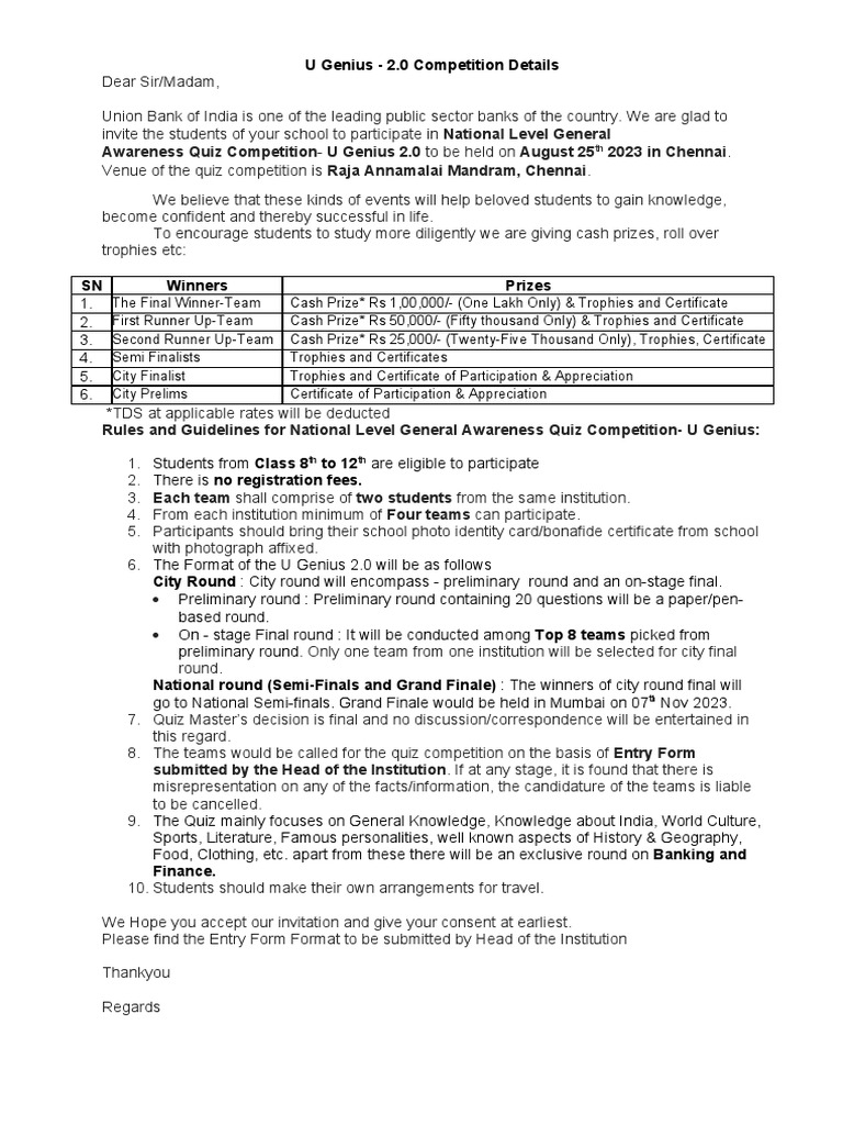 U Genius 2.0 Quiz Competition Details | PDF